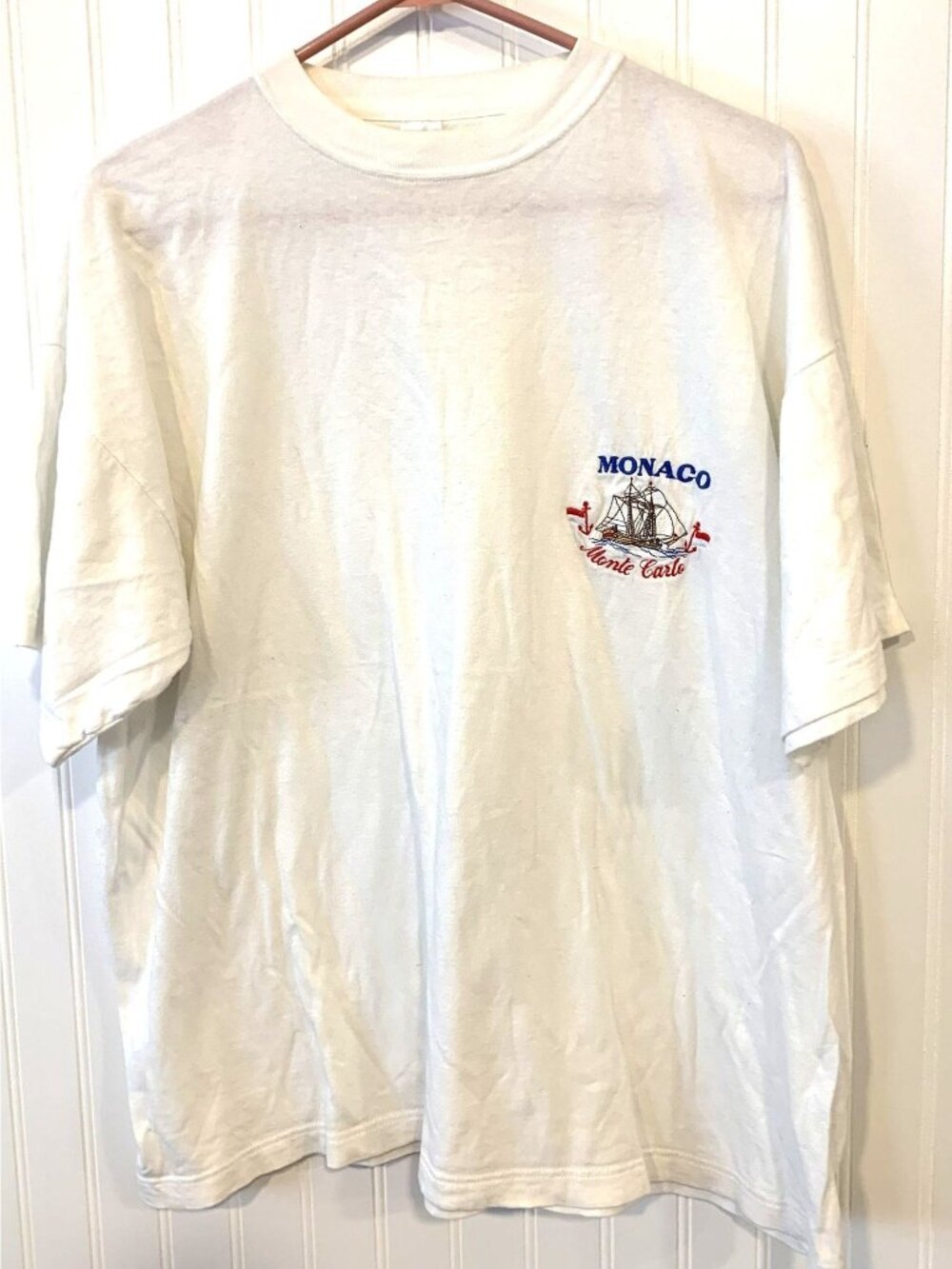 Vintage Monaco Monte Carlo XXL Embroidered T Shirt White Cotton Nautical